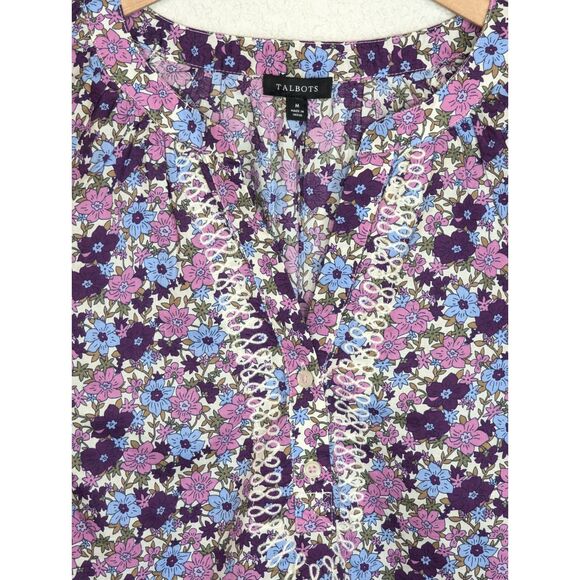 EUC Talbots Floral Embroidered Top Sz M Tossed Ditsy Purple Pink Long Slv Boho - Picture 5 of 8